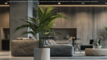 Imagem com palmeira ráfis em vaso no centro de uma sala moderna e neutra