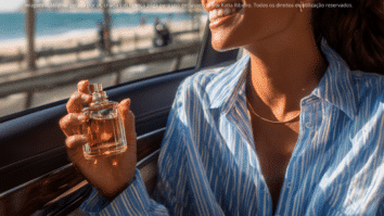 Mulher com um frasco de perfume na mão