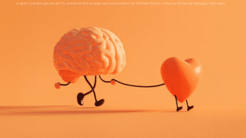 A imagem mostra um cérebro guiando um coração por uma coleira, simbolizando o controle racional sobre as emoções e o treino do equilíbrio emocional