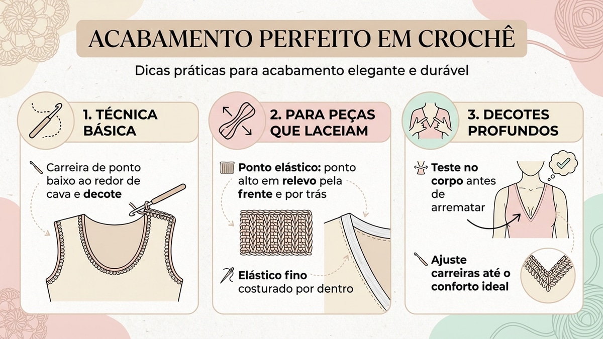 Infográfico sobre técnicas de acabamento em crochê, mostrando instruções passo a passo para cava e decote, com ícones e ilustrações. Informações sobre ponto baixo, elástico e ajustes no corpo. Estilo editorial elegante em português.