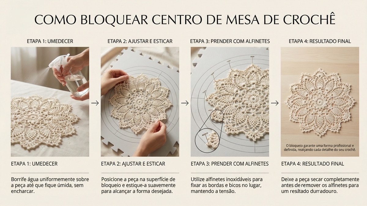 nfográfico mostrando processo de bloqueio de centro de mesa de crochê - borrifar água, esticar, prender com alfinetes e secar