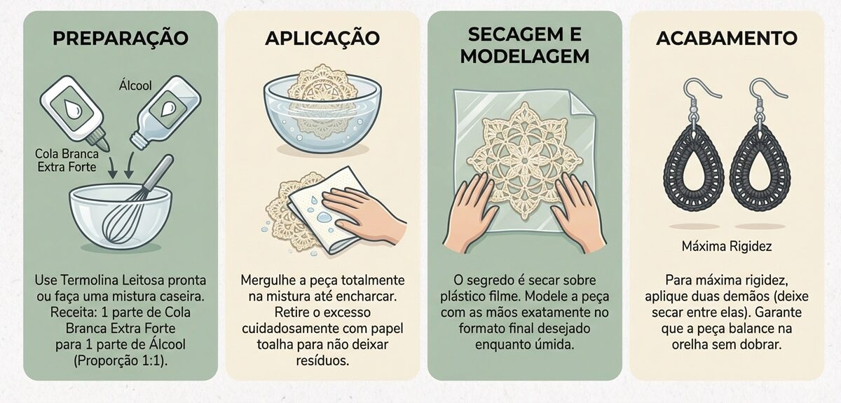 Infográfico detalhado em 4 passos sobre como endurecer crochê com mistura de cola e álcool.