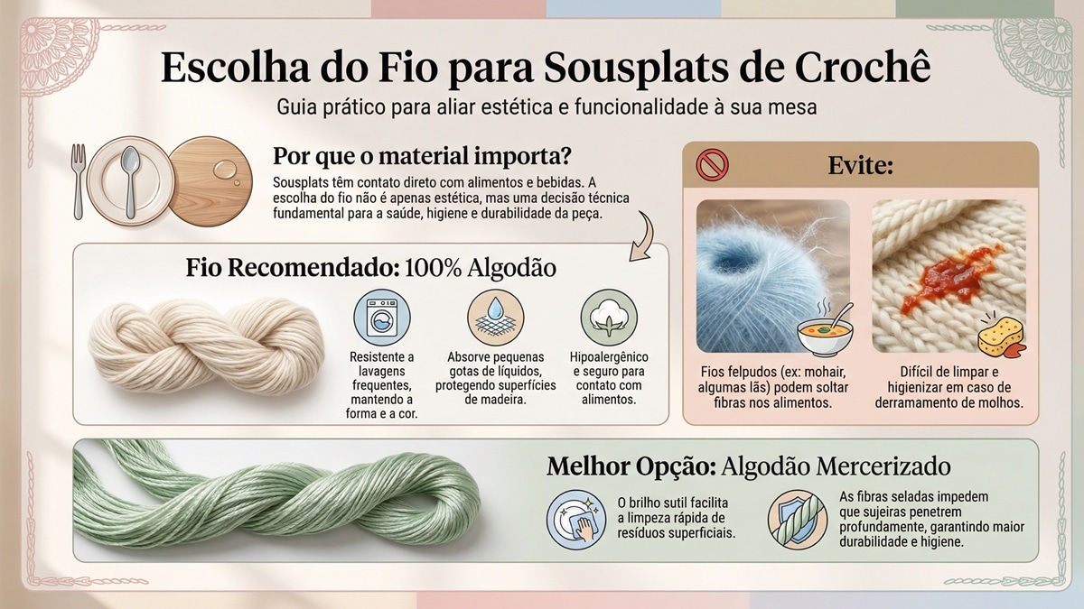 Infográfico sobre escolha de fios para sousplats de crochê com dicas de materiais recomendados