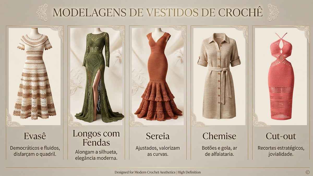 Infográfico de moda detalhando 5 modelos de vestidos de crochê: Evasê, Fendas, Sereia, Chemise e Cut-out.