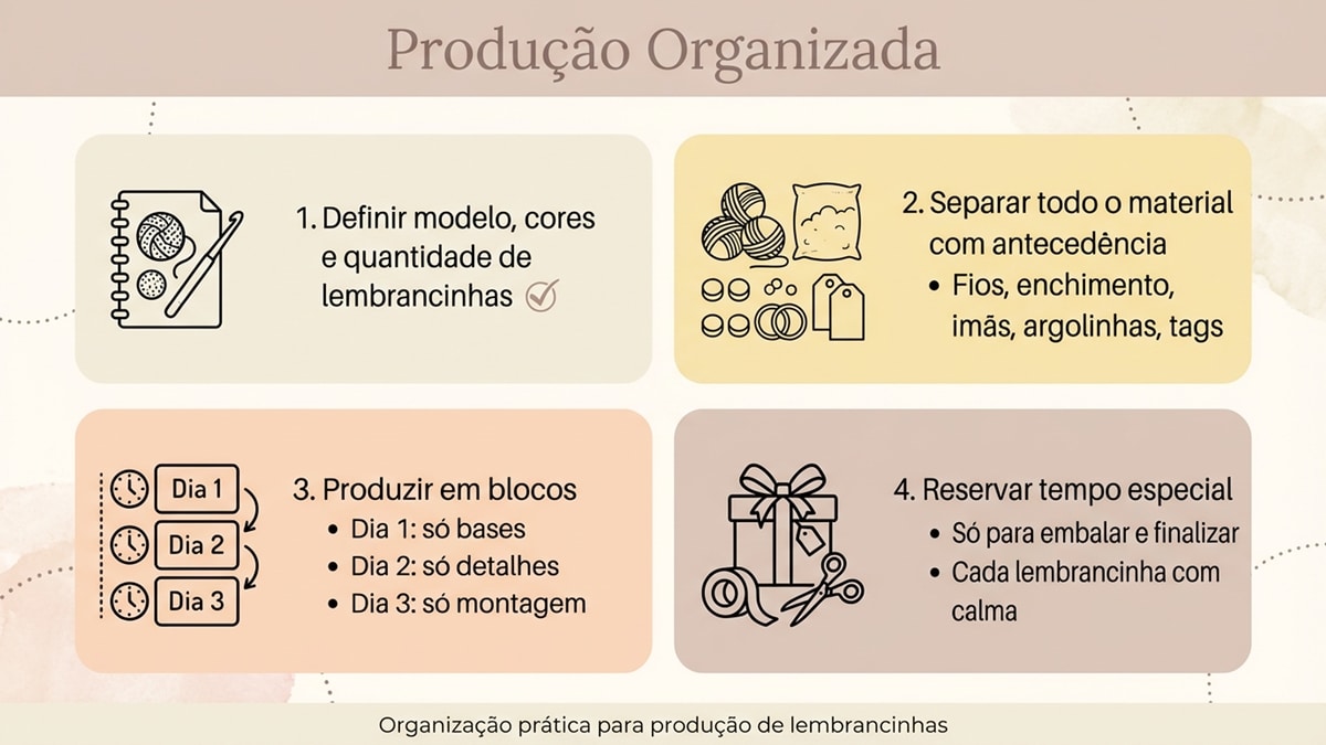Infográfico sobre organização para produção de lembrancinhas de crochê, mostrando 4 etapas: definição de modelo, separação de materiais, produção em blocos e embalagem. Design prático em português.