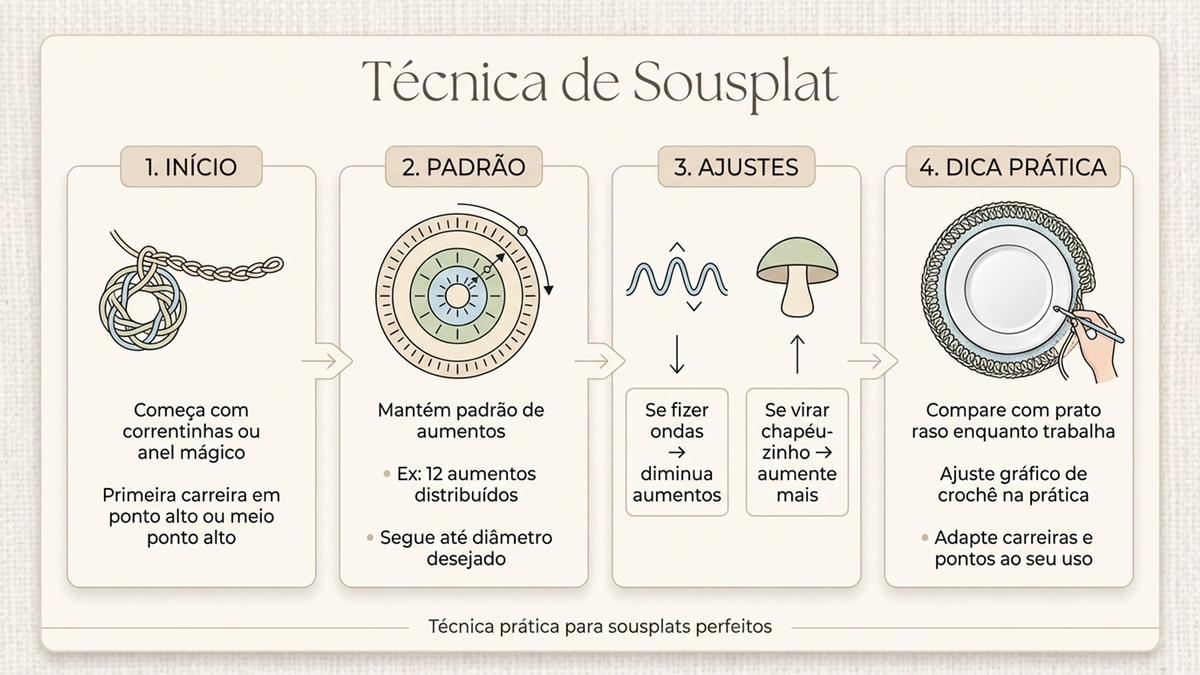 Infográfico sobre técnicas de crochê para sousplat, mostrando etapas: início com correntinhas/anel mágico, padrão de aumentos, ajustes para ondas e chapéuzinho, e dica de comparar com prato. Design elegante em português.