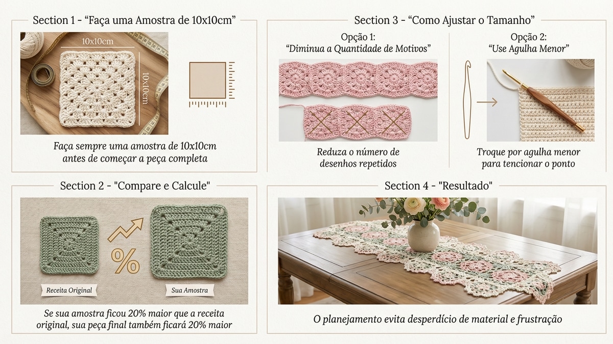Infográfico com passos para ajustar tamanho no crochê