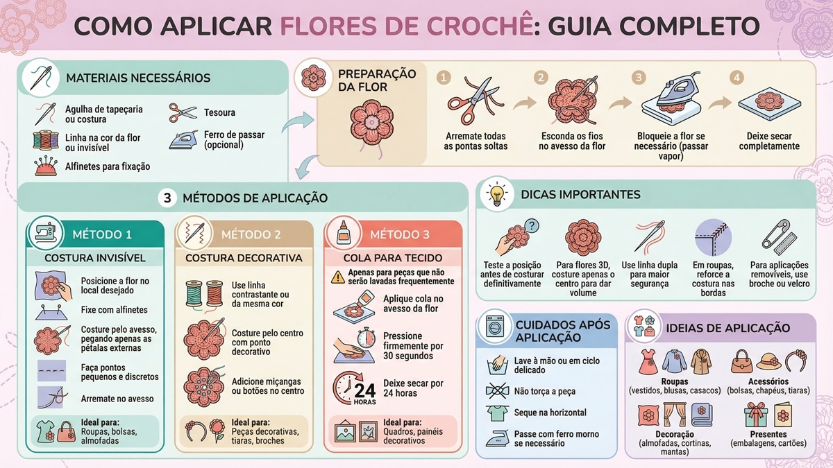 Infográfico educativo detalhado sobre métodos e técnicas para aplicar flores de crochê