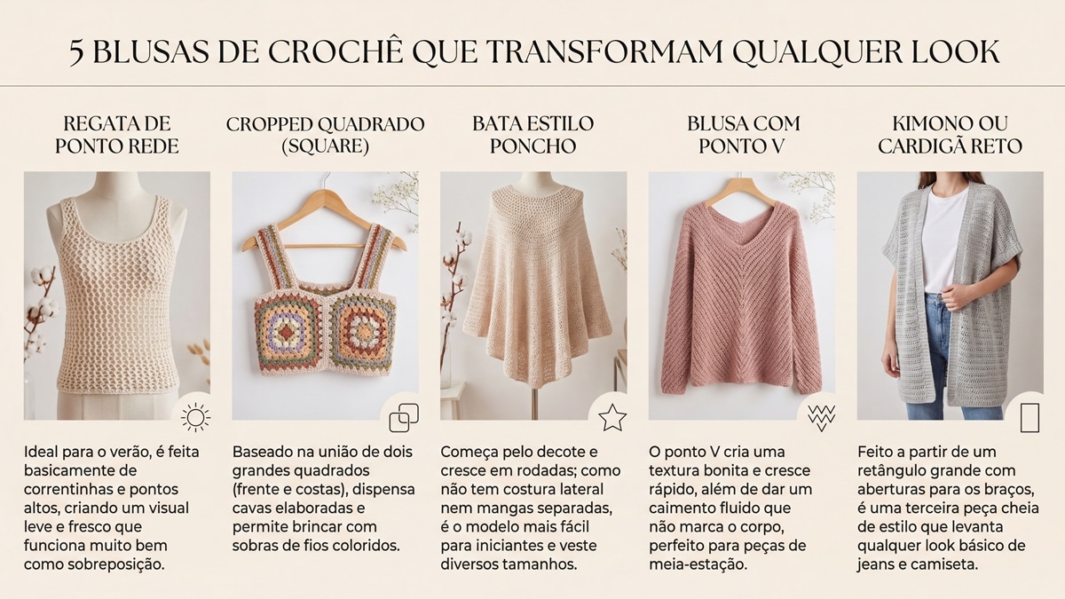 Infográfico com cincodelos de blusas de crochê e suas características para transformar looks