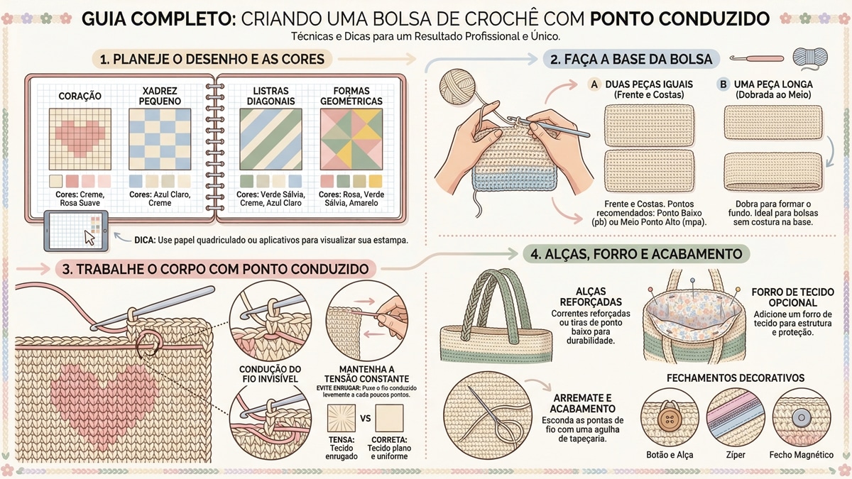 Inf português sobre como fazer bolstra 4 etapas: planejamento de exemplos de padrões (coração, xadrez, listras, formas geométricas), construção da base em ponto baixo, trabalho do corpo com ponto conduzido em duas cores, e finalização com alças, forro e acabamentos (botões, zíper, fecho magnético). Design educativo com cores pastel suaves, layout limpo e profissional.