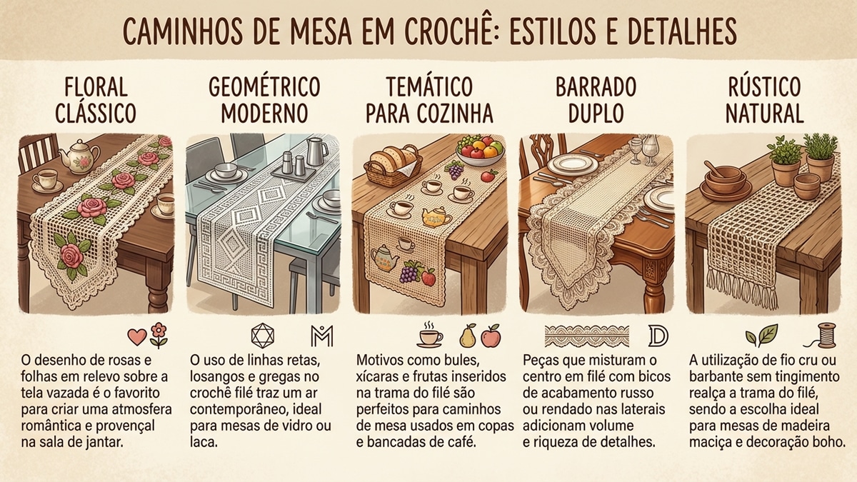 Infográfico detalhado sobre cinco estilos de caminhos de mesa em crochê