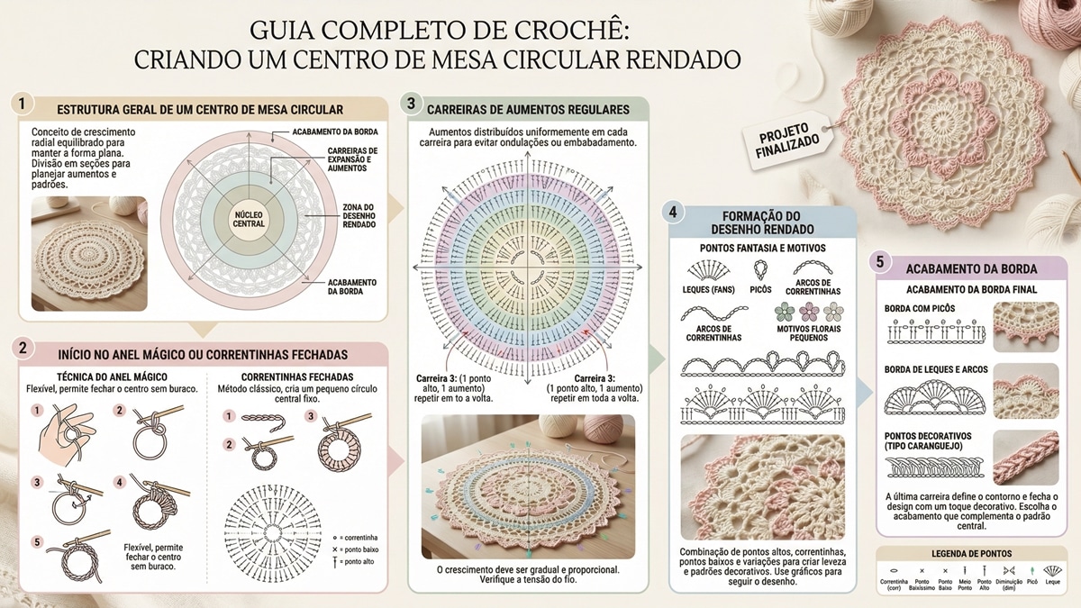nfográfico detalhado em português sobre como fazer centro de mesa circular em crochê. Mostra 5 etapas: estrutura geral circular, início com anel mágico ou correntinhas fechadas, carreiras de aumentos regulares seguindo gráfico, formação do desenho rendado com leques, picôs e motivos florais, e acabamento da borda com ponto decorativo. Design educativo com cores pastel suagramas de pontos, layout limpo e profissional.