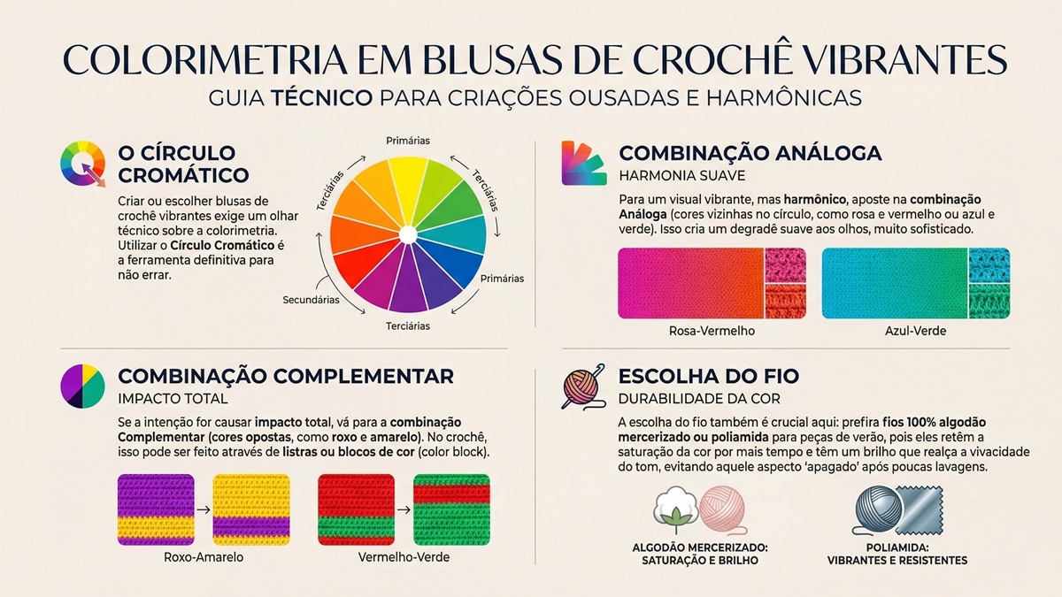 Infográfico sobre colorimetria em blusas de crochê vibrantes com círculo cromático, combinações análogas e complementares