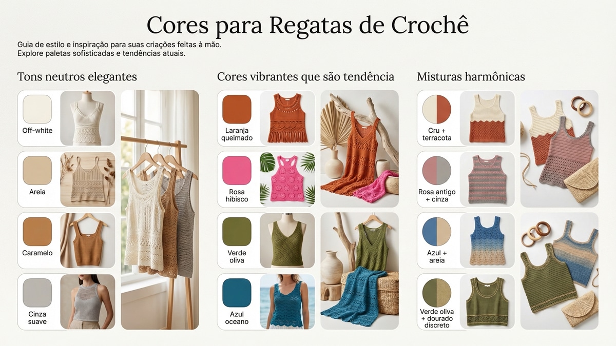 Infográfico com paleta de cores para regatas de crochê: tons neutros, vibrantes e combinações harmônicas