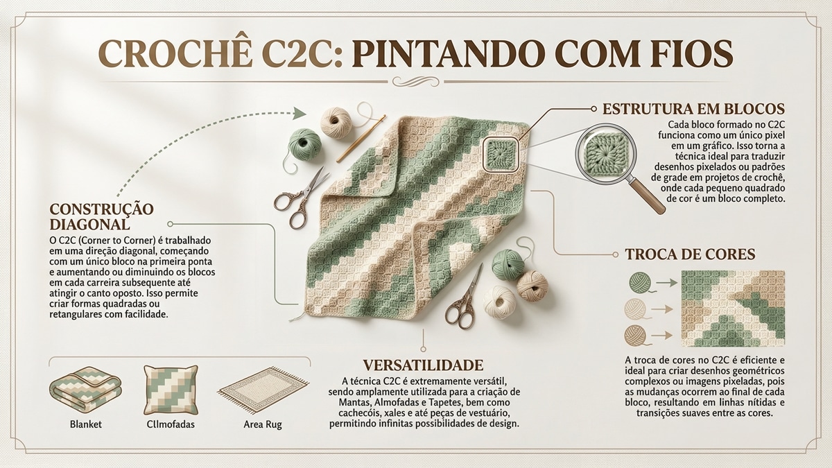 Infográfico detalhado sobre Crochê C2C explicando construção diagonal, blocos e troca de cores.