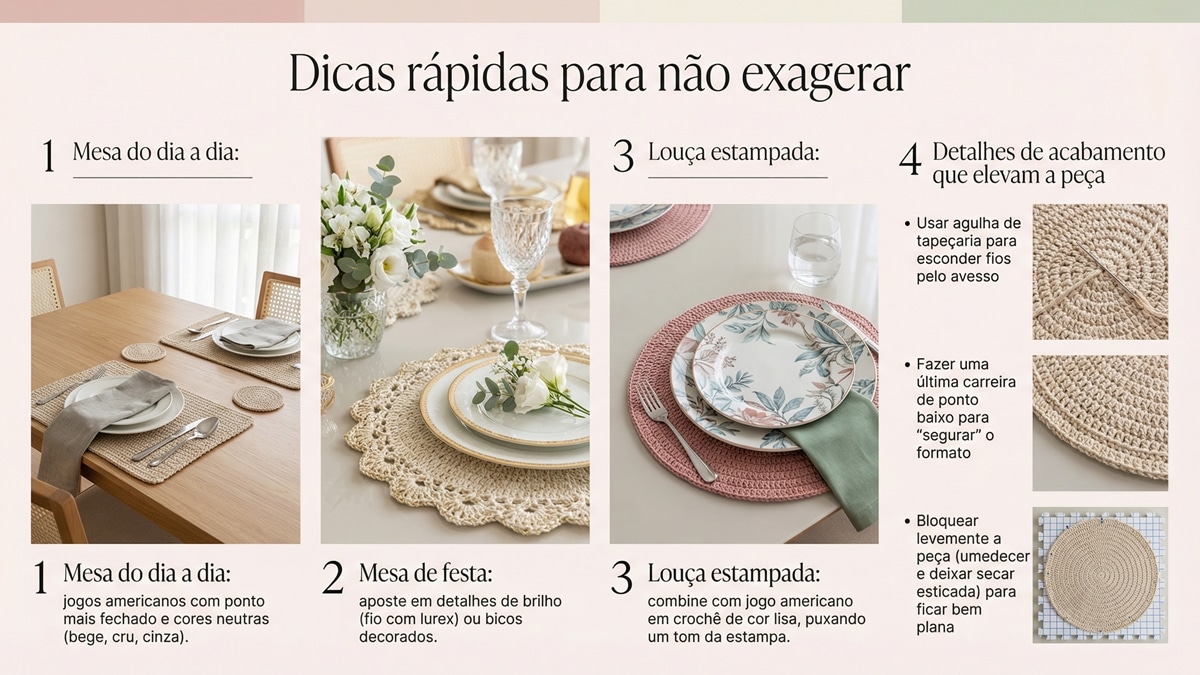 Infográfico detalhado com dicas de crochê para mesa do dia a dia, festa e acabamentos profissionais