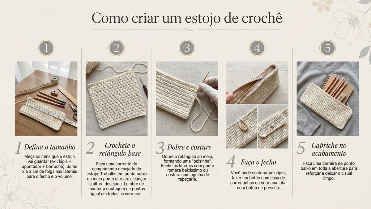 Tutorial passo a passo para criar estojo de crochê com 5 etapas: medidas, base, costura, fecho e acabamento