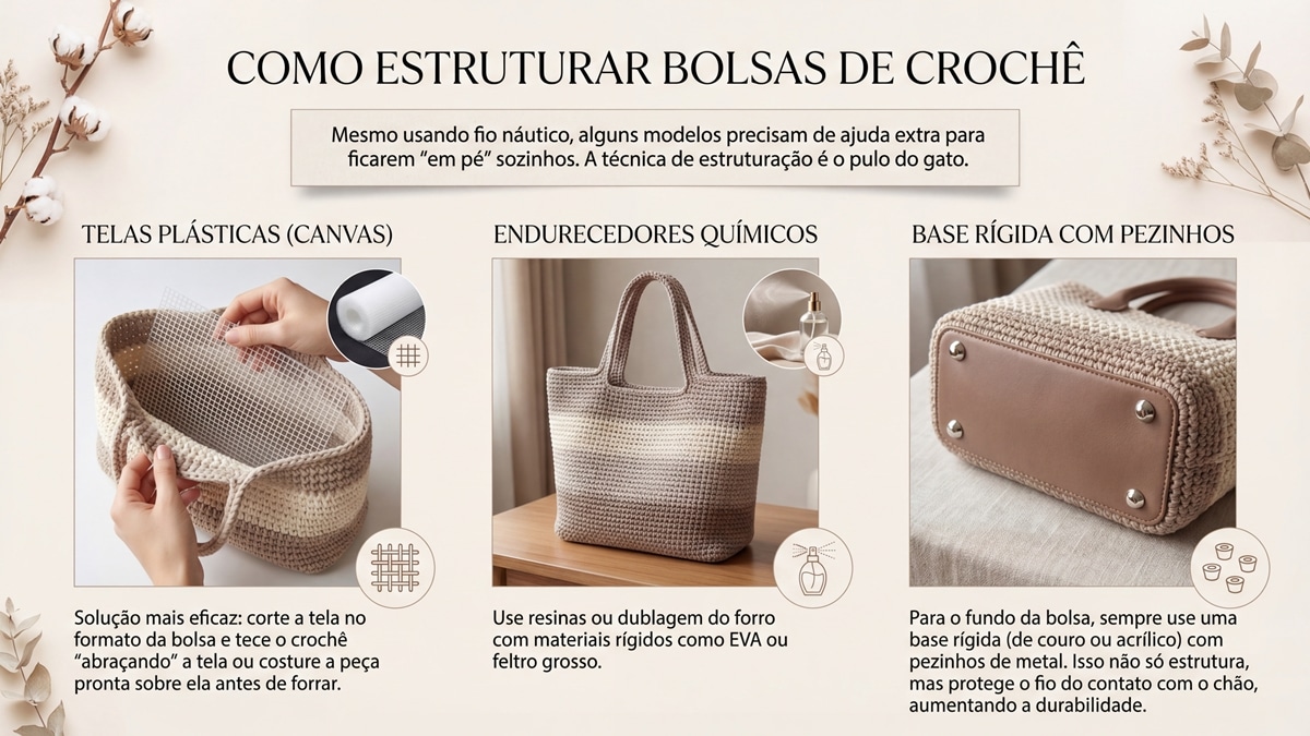 Infográfico com técnicas de estruturação para bolsas de crochê ficarem firmes e duráveis