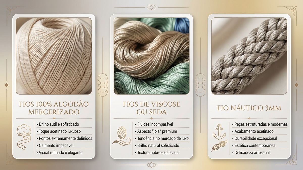 Infográfico visual com três seções mostrando fios premium para crochê de luxo: algodão mercerizado com brilho acetinado, viscose/seda com aspecto fluido e fio náutico estruturado, com fotos editoriais e características