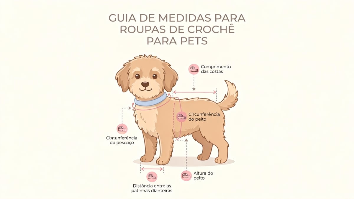 Infográfico educativo mostrando como tirar medidas para roupa de pet em crochê.
