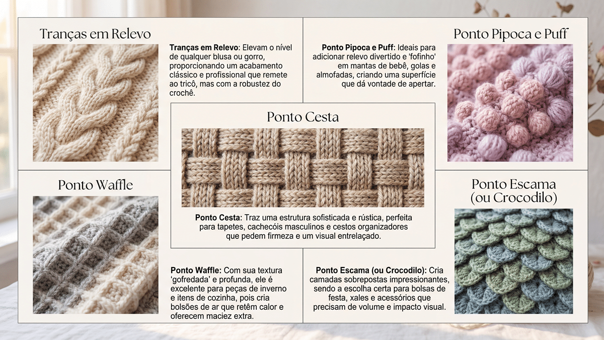 Infográfico editorial com cinco pontos de crochê em textura detalhada e descrições em português