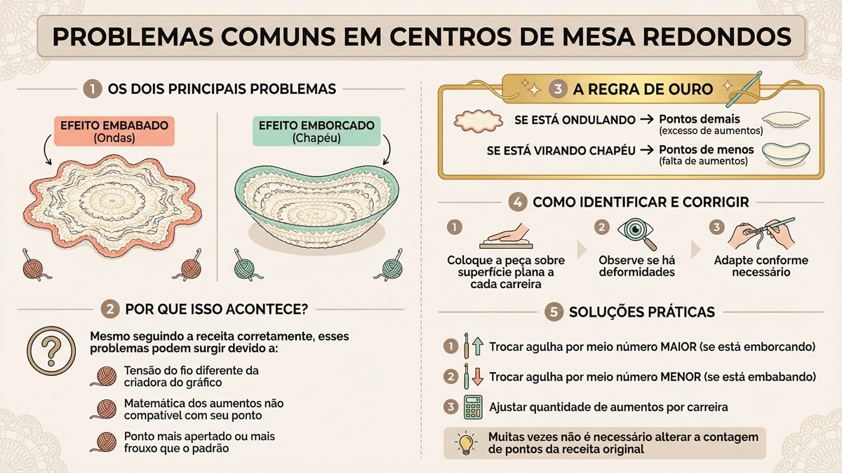 Infográfico educativo sobre problemas comuns em centros de mesa redondos de crochê
