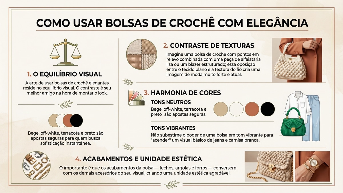 nfográfico detalhado sobre como usar bolsas de crochê com elegância, incluindo dicas de equilíbrio visual, contraste de texturas, harmonia de cores e acabamentos
