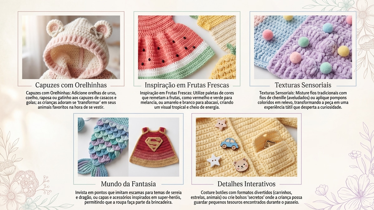 Infográfico editorial com cinco ideias criativas para vestidos de crochê infantil com descrições em português