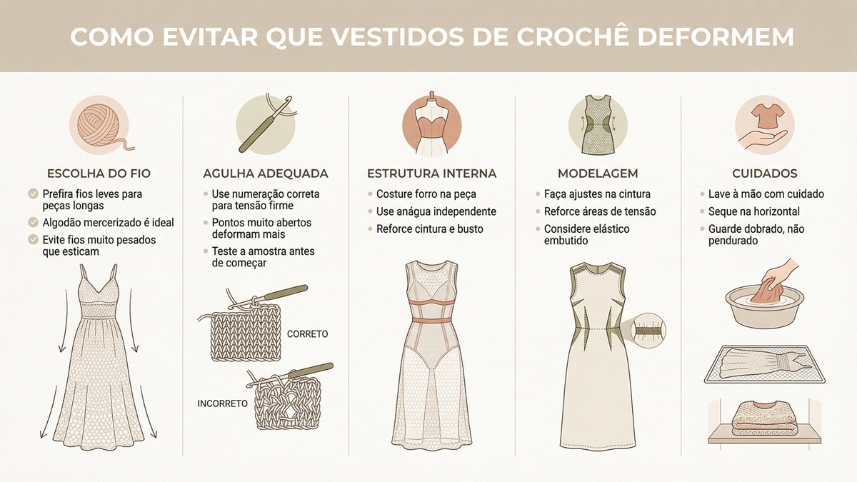 Infográfico com dicas para evitar deformação em vestidos de crochê com ilustrações e texto