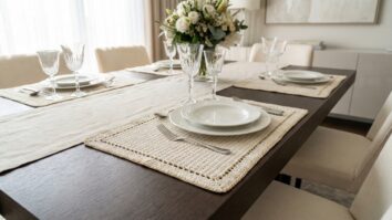 Jogos americanos de crochê off-white com detalhes dourados sob pratos e taças em mesa de jantar elegante