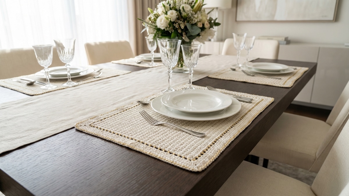 Jogos americanos de crochê off-white com detalhes dourados sob pratos e taças em mesa de jantar elegante