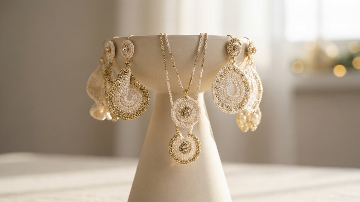 Joias de crochê com fio dourado em base de mármore, composição única e contínua.