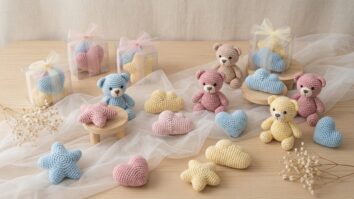 Lembrancinhas de crochê infantil mini amigurumis em tons pastel dispostos em flat lay para chá de bebê