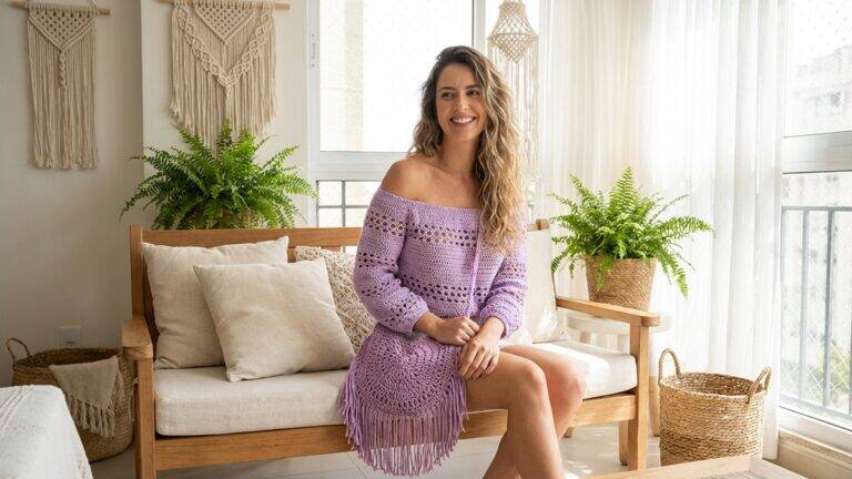Mulher sorridente usando blusa ciganinha e bolsa de crochê lilás em ambiente boho chic
