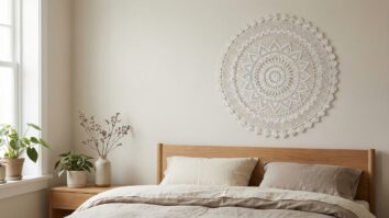 Quarto zen decorado com mandala de crochê branca delicada na parede acima da cabeceira em ambiente sereno.