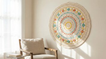 Tapete de crochê meia-lua verde e branco disposto no chão em frente a porta em ambiente aconchegante