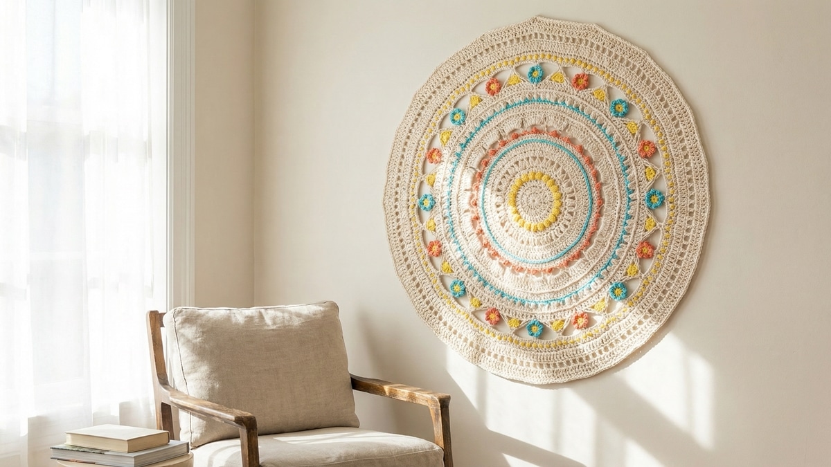 Tapete de crochê meia-lua verde e branco disposto no chão em frente a porta em ambiente aconchegante