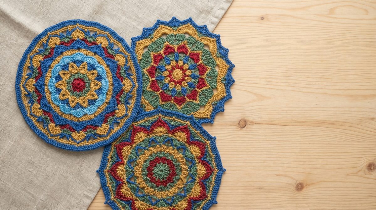 Vista superior de mesa com mandalas de crochê coloridas e simétricas dispostas harmonicamente.