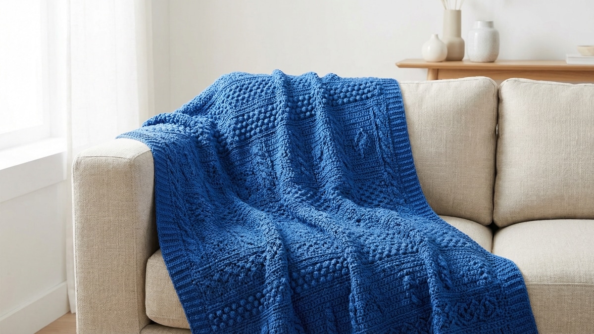 Manta de crochê azul royal com pontos texturizados sobre sofá neutro em sala moderna.