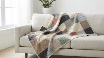 Manta de crochê C2C com design geométrico pixelado em tons neutros disposta sobre sofá claro.