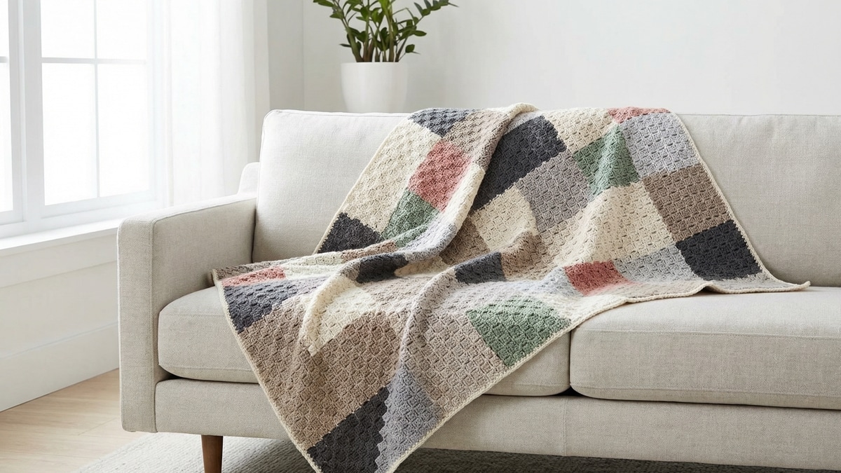 Manta de crochê C2C com design geométrico pixelado em tons neutros disposta sobre sofá claro.