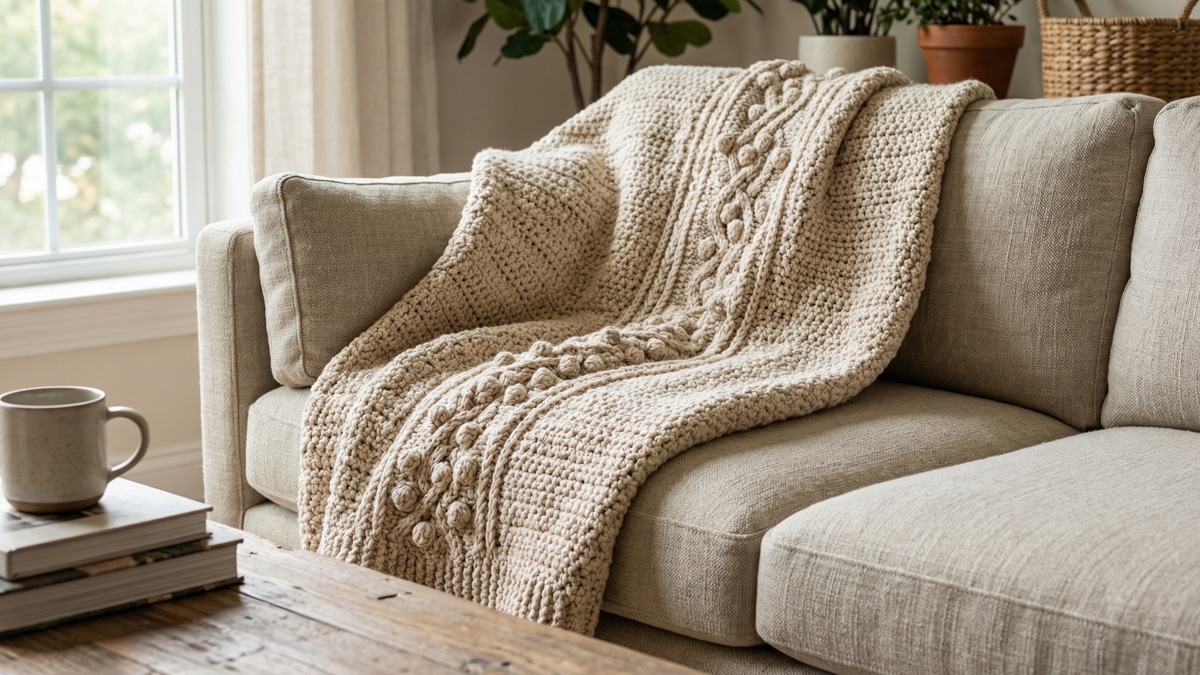 Manta de crochê bege com pontos texturizados sobre sofá de linho em sala de estar aconchegante