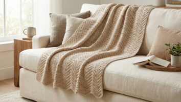 Sala de estar aconchegante com manta de crochê em padrão chevron bege sobre sofá em tons neutrosanta crochê chevron sala estar