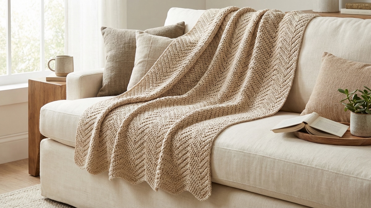 Sala de estar aconchegante com manta de crochê em padrão chevron bege sobre sofá em tons neutrosanta crochê chevron sala estar