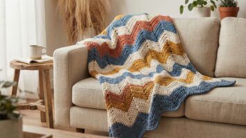 Manta de crochê chevron com cores vibrantes em zig-zag sobre sofá em sala aconchegante