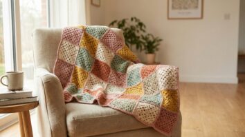 Manta de crochê com granny squares coloridos sobre sofá em ambiente acolhedor