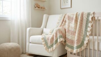 Manta de crochê infantil em tons claros apoiada sobre berço branco em quarto aconchegante