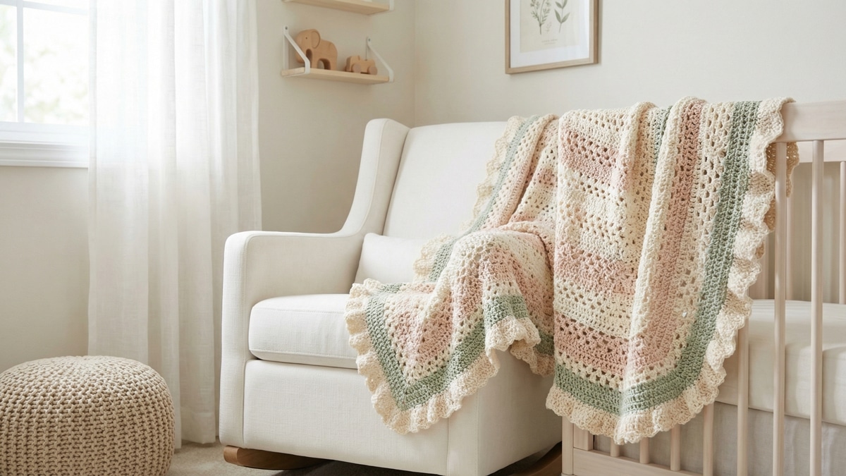 Manta de crochê infantil em tons claros apoiada sobre berço branco em quarto aconchegante
