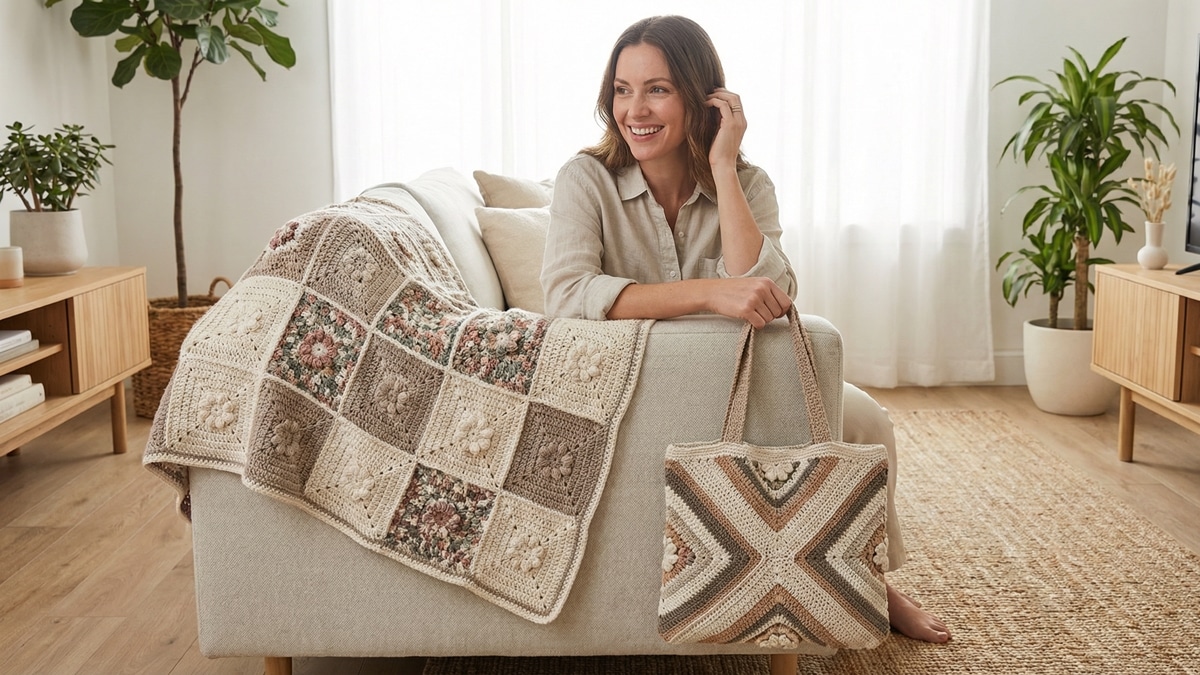 Manta de sofá e bolsa tote em crochê com squares variados em sala contemporânea com mulher sorrindo