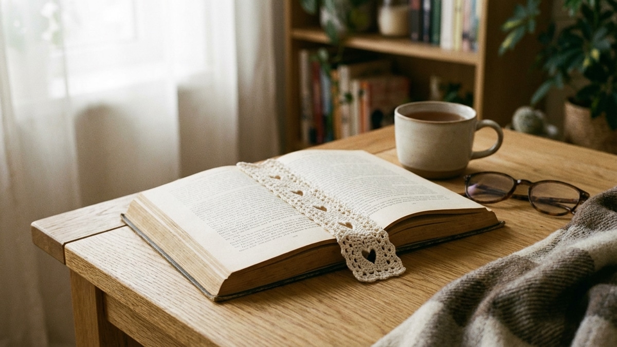 Marcador de página de crochê em tom neutro sobre livro aberto em superfície de madeira